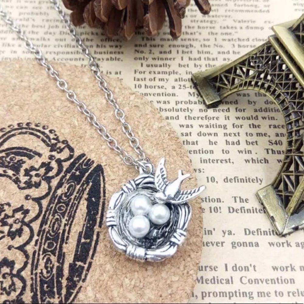 New Mama Bird W 3 Pearl Eggs 3 Kids Nest Necklace